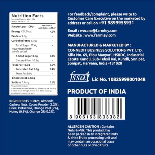 Farmley Dark Choco Orange Date Bites 200g I Dates Barfi Made with Dates,Cocoa Powder,Pista,Cashews,Almonds,Honey,Orange and Pure Ghee,Chocolate Flavoured Healthy Delicious Indian Sweets,No Added Sugar — image 3