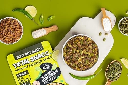 TOTAL SNACC Wholesome Jorgaram Lime Chilli (125g x 2) | High Protein 19g | High Fibre 12g | Roasted Not Fried | 70% Less Oil | No Palm Oil | High Protein Snacks | Baked Namkeen Mix | Healthy Snacks | No Preservatives | Diabetic Friendly | a mix of chana jor, moong jor, peanuts, & pumpkin seeds — image 7