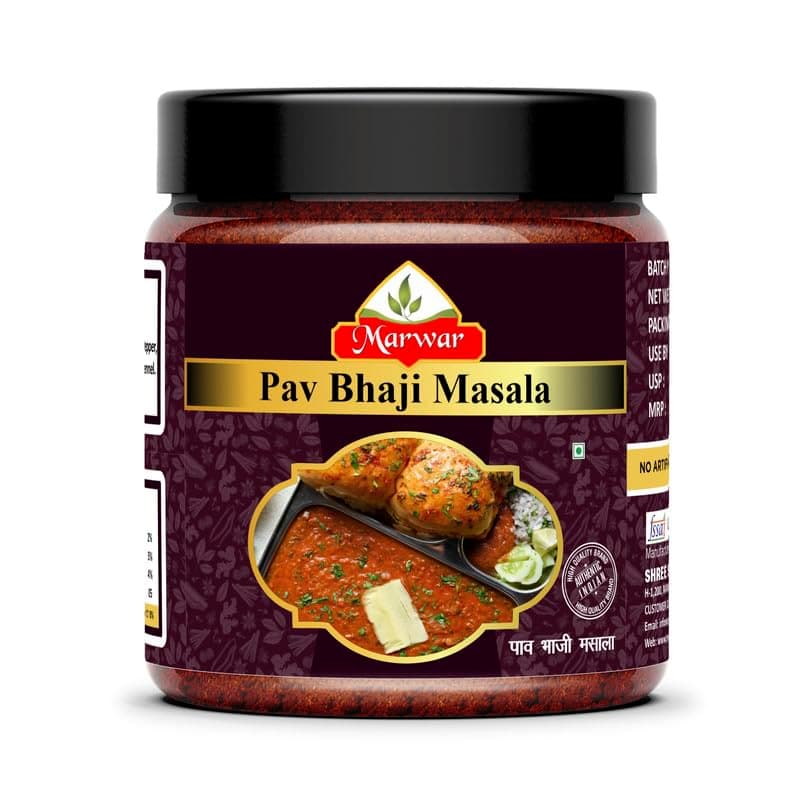 Marwar Special Pav Bhaji Masala Powder with Natural Oils - 200g, Blended Spice for Authentic Taste and Colour, For Healthy Delicious & Flavourful Cooking, No Garlic & Onion Used (Re-usable Jar Pack)