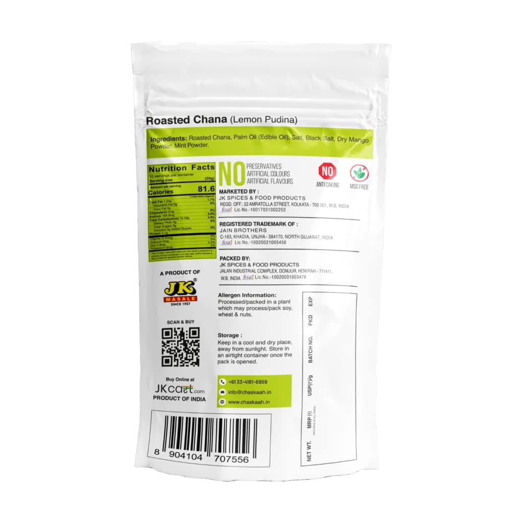 Chaskaah Lemon Pudina Chana 200g by JK | Bhuna Chana | Roasted Masala Chickpeas Roasted Chana | NO MSG | Vegan | Not Fried | Jain — image 2