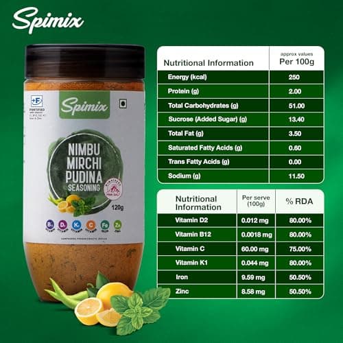 SPIMIX Nimbu Mirch Pudhina Seasoning | Tangy & Spicy Masala | 120g | Sprinkle on Chaat, Salads & Raita | For Grilled Fish, Lemon Chicken & Eggs | Himalayan Pink Salt | US FDA Approved — image 2