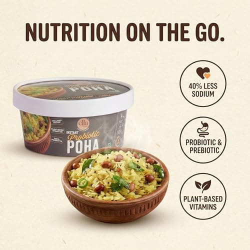 Ella Foods Probiotic Instant Poha Ready To Eat | 40% Less Sodium | Flavorful Rice Flakes, Peanuts, Mustard Seeds, Curry Leaves & Green Chilies | No Preservatives Pack of 2 (65g Each) | Instant Food — image 2