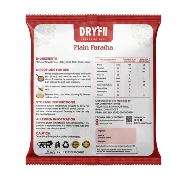 Dryfii Ready to Eat Plain Paratha (5 Pieces, 1 Pack) & Jain Palak Paneer Combo | Freeze Dried | Protein Rich Meal | No Onion No Garlic — image 3