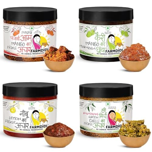 FarmDidi Jain-Friendly Pickle Combo – Pack of 4 x 325g | Punjabi Mango, Mango Chunda, Crushed Lemon & Rajasthani Green Chilli Pickles | No Onion & Garlic | Homemade | Less Oil | Preservative-Free — image 4