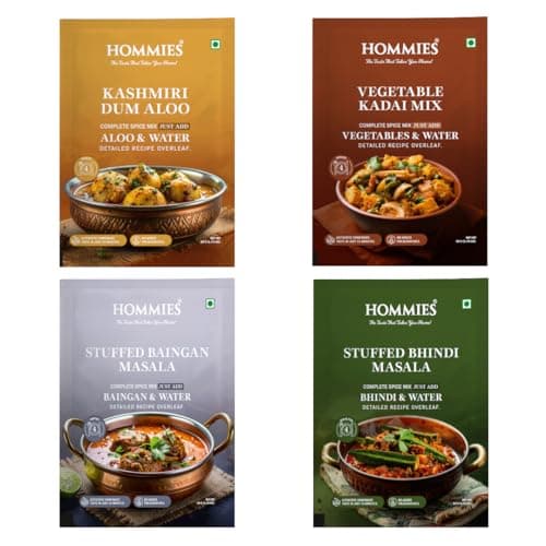 Hommies Curry Spice Combo | Kashmiri Dum Aloo, Vegetable Kadai, Stuffed Baingan Masala & Stuffed Bhindi Masala | Ready to Cook | Just Add Veggies & Basics | Serves 4 Each | No Preservatives | Vegetarian| Pack of 4 (50g Each, Total 200g) (Combo of 4-4)