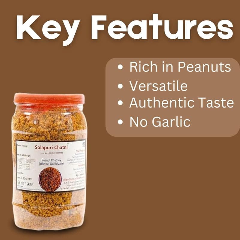 Solapuri Peanut Chutney Without Garlic Jain Style 800g Authentic Maharashtrian Dry Peanut Chutney Spicy Groundnut Chutney Powder for Bhakri Vada Pav Dosa Snacks Traditional Solapur Taste — image 6