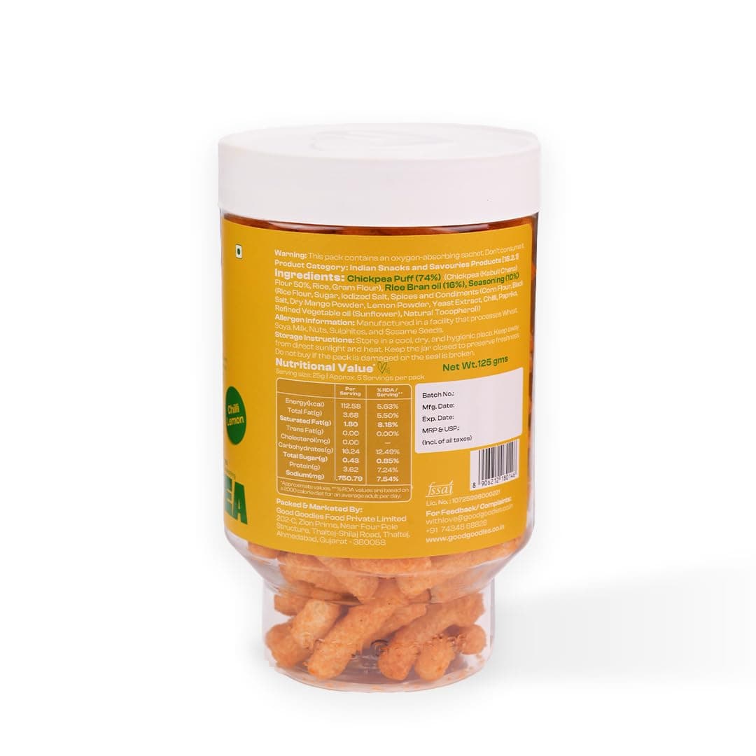 Good Goodies Baked Chickpea Puff Chilli Lemon | Baked Not Fried | Chickpea-Based Snack | No Maida, No Palm Oil, No Maltodextrin | No Artificial Colours or Preservatives | Light & Crunchy | Diet-Friendly | 125g | Pack of 1 — image 3
