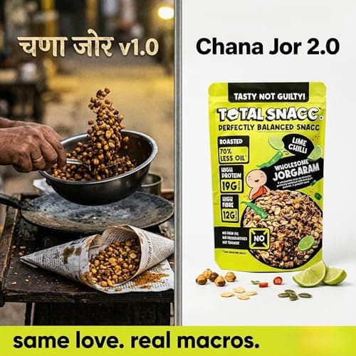 TOTAL SNACC Wholesome Jorgaram Lime Chilli (125g x 2) | High Protein 19g | High Fibre 12g | Roasted Not Fried | 70% Less Oil | No Palm Oil | High Protein Snacks | Baked Namkeen Mix | Healthy Snacks | No Preservatives | Diabetic Friendly | a mix of chana jor, moong jor, peanuts, & pumpkin seeds — image 3