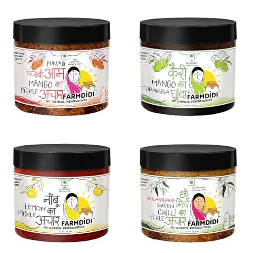 FarmDidi Jain-Friendly Pickle Combo – Pack of 4 x 325g | Punjabi Mango, Mango Chunda, Crushed Lemon & Rajasthani Green Chilli Pickles | No Onion & Garlic | Homemade | Less Oil | Preservative-Free