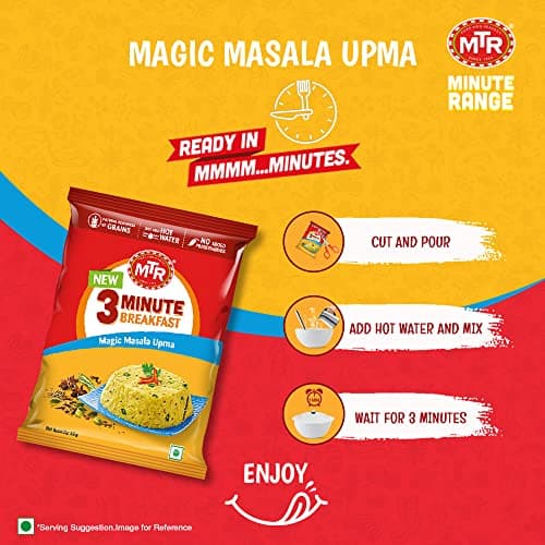 MTR 3 Minute Breakfast Magic Masala Upma | Just Add Hot Water | Wholesome Instant Breakfast | Spiced Semolina | No added preservatives | 60g Pouch — image 4