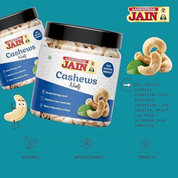 Aadeshwar Jain Cashews (600gram) | Whole Cashew Nuts | Premium Kaju | Dry Fruits rich in Protein | Rich in Fibre | Healthy Snacks ([ 200gm X 3 ] pack of 3) — image 3