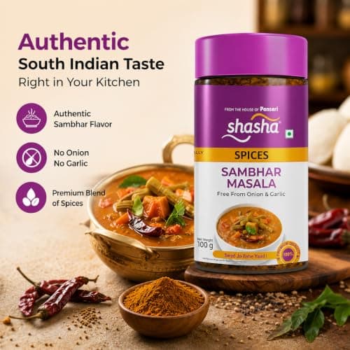 Shasha Sambhar Masala 100g - Spice Mix for Authentic South Indian Sambhar - No Onion or Garlic - From the House of Pansari — image 2