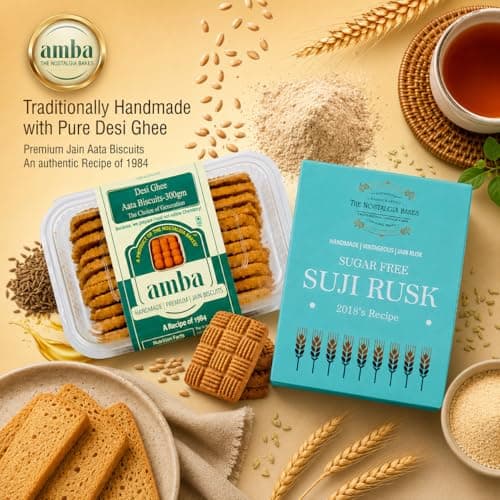 Amba Handmade Jain Biscuit & Sugar Free Suji Rusk Combo Pack | Traditional Desi Ghee Atta Biscuits & Crispy Tea-Time Toast | Premium Nostalgic Bakery Snacks — image 2