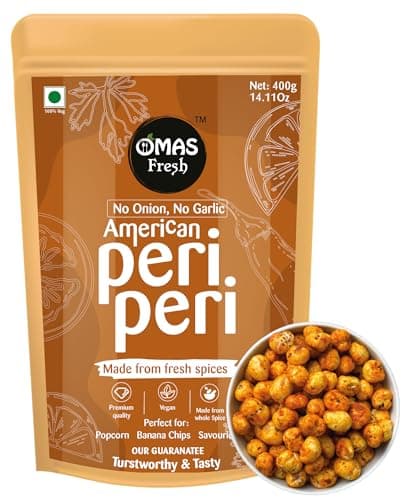 Omas Fresh No Onion On Garlic American Peri Peri Masala (Jain) for Pop-Corn, Makhana, Noodles, Sabji, Fried Rice | No Additives & Preservatives | 400g Big Saver Pack