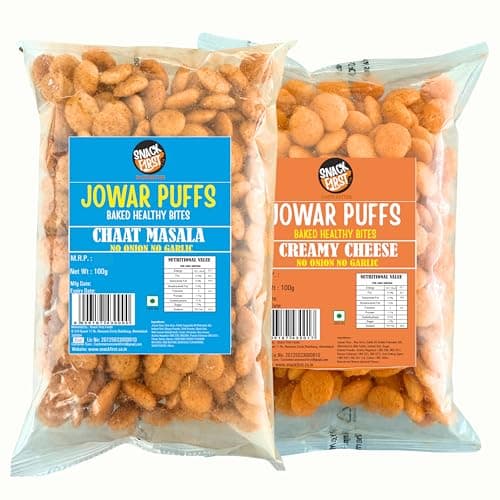 Snack First Baked Jowar Puff Combo Of 2, No Onion No Garlic, Jain, Chaat Masala & Creamy Cheese, Healthy Snack, Diet-food, Low Calorie, Nutritious Snack, Each 100g Pouch