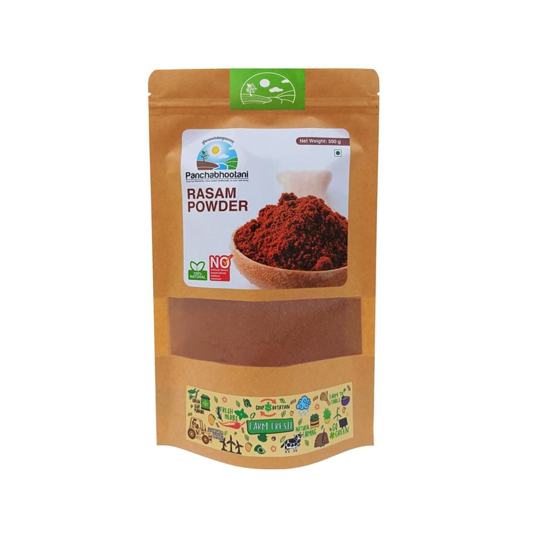 Panchabhootani Rasam Powder-500g | South Indian Authentic Flavour, Easy Digestion, Farm Fresh, Vegan Friendly, No Garlic, No Onion, 3 varieties of roasted dry red chilles, Rich Aroma, Mouth Watering