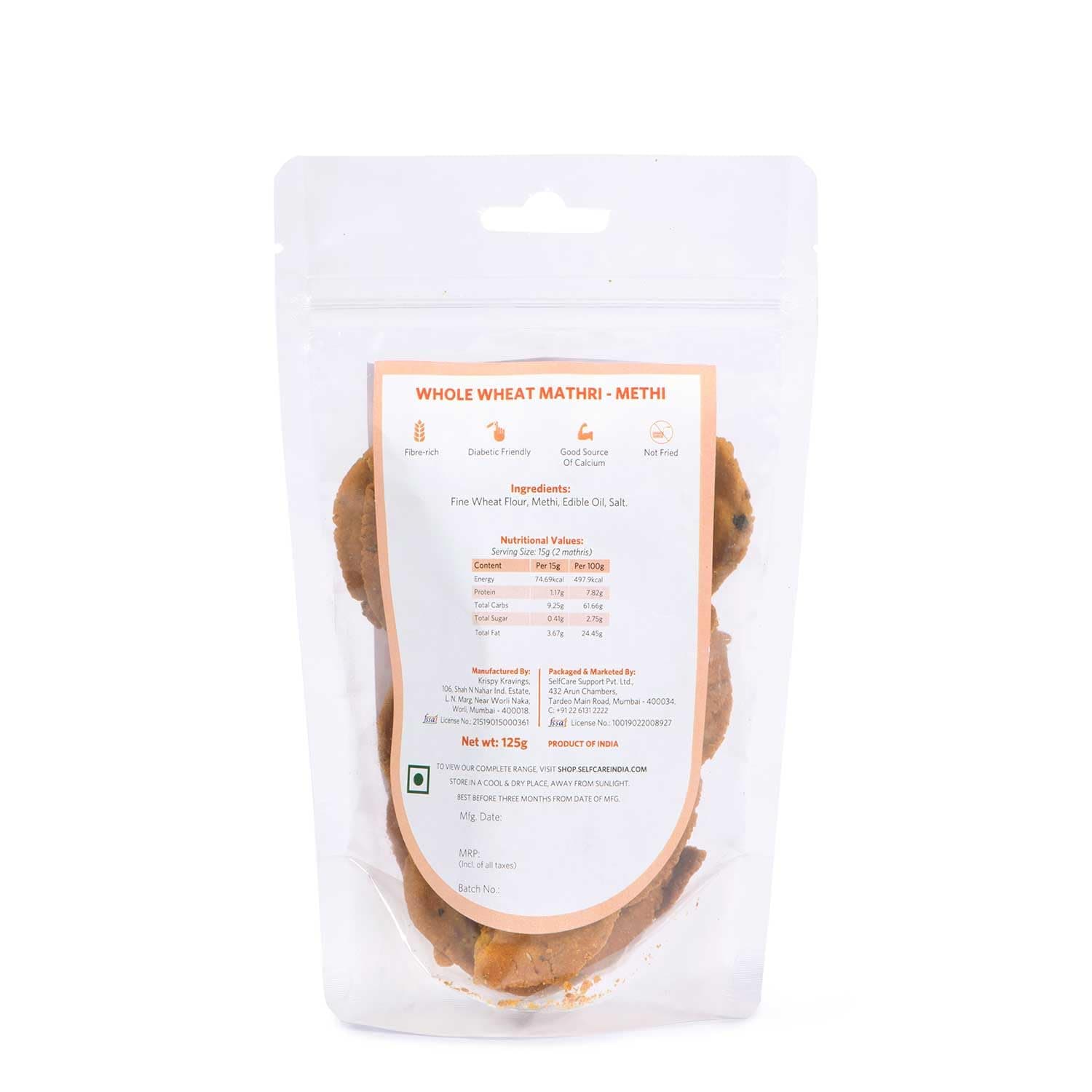 SelfCare By Suman Agarwal Whole Wheat Mathri - Methi Pack of 1 125g | Fiber-rich | Savoury - Snacks - Namkeen - Grocery | Spicy Crunchy & Chatpata - Tea time Snacking | Diabetic Jain & Travel Friendly — image 8