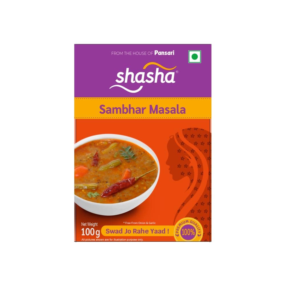 Shasha Sambhar Masala 100g - Spice Mix for Authentic South Indian Sambhar - No Onion or Garlic - From the House of Pansari
