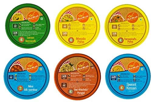 Ready to Eat Breakfast Food Jain Special -Tasty & Healthy Eat Food Products (Pack of 6, 100G Each)Masala Poha, Tamarind's Poha, Sweet Kesari, Lemon Vermicelli, Dal Khichdi (Pongal), Mini Idli Sambar — image 3