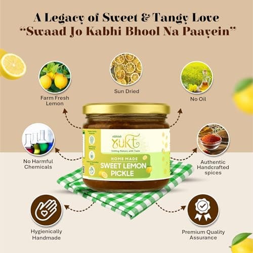 NIBHISH Yukt pickle Khatta Meetha Sweet Lemon Pickle | Sweet & Tangy Homemade Delight | Oil-Free, No Onion or Garlic | Traditional Chunda-Style Nimbu Ka Achaar with Grandma's Authentic Taste | Handmade Using Organic Preparation Methods | 100% Natural & Pure | Glass Jar — image 7