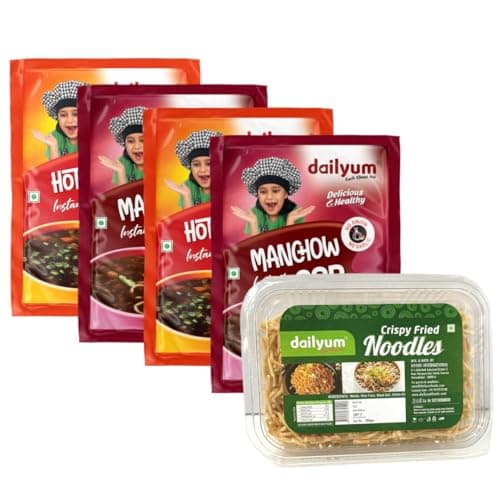 Dailyum instant | No Onion Garlic | 2 Manchow Soup 50g | 2 Hot N Sour Soup 50g | Crispy Fried Noodles 200g | Natural | No MSG | Jain |Combo Of 5