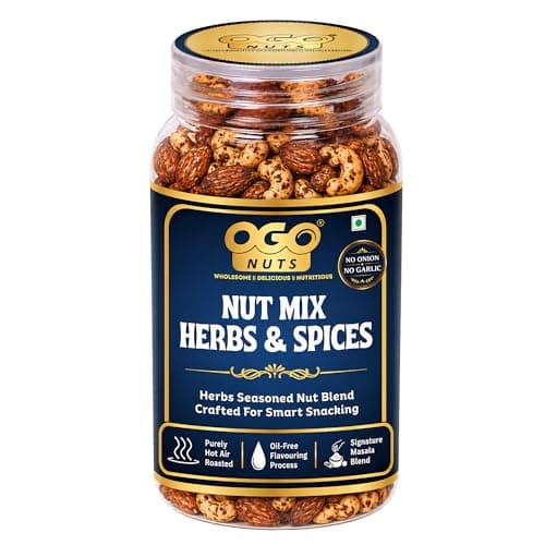 OgoNuts Herbs & Spices Nut Mix, 200g | Hot Air Roasted Almonds and Cashews | Aromatic Herb & Spice Seasoning | No Onion No Garlic | Oil-Free Roasted Gourmet Nut Snack for Tea Time, Travel & Office