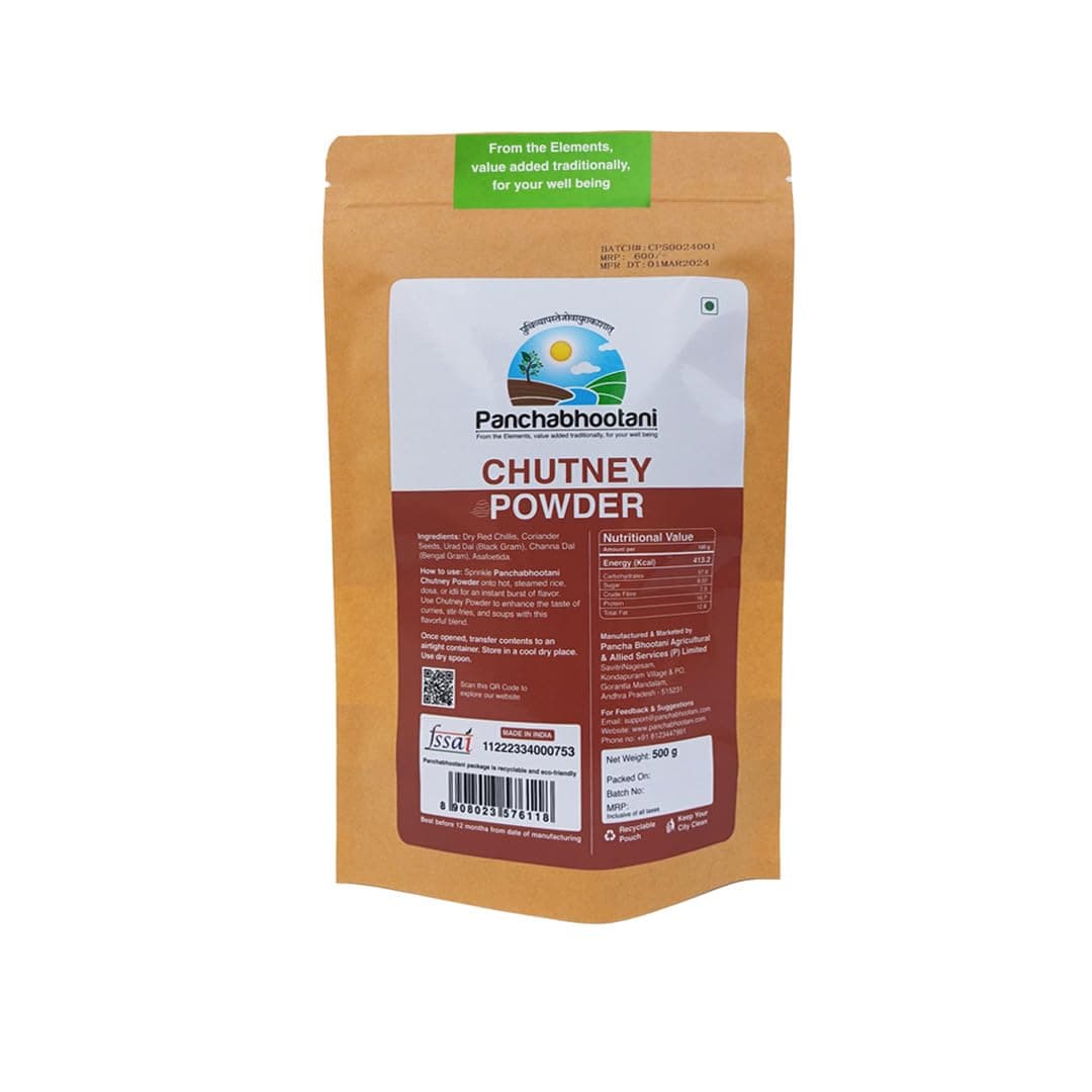 Panchabhootani Chutney Powder 500g| Savour as Dip or Chutney, Sprinkle Over Dosa & Idly, Long-Shelf Life, No Garlic & Onion, No Added Preservatives & Colour, Handpicked Lentil & Red Chilies — image 3