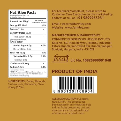 Farmley Date Bites, Dates Barfi Made with Dates, Pista, Cashews, Almonds, Honey and Pure Ghee, Dry Fruits Nuts, Healthy Snacks, Healthy Sweets, Gluten Free, No Refined Sugar, 200g (10 Pieces) — image 3
