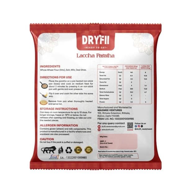 Dryfii Ready to Eat Laccha Paratha (5 Pieces, 1 Pack) & Jain Mix Veg Combo | Freeze Dried | Everyday Veg Meal | No Onion No Garlic — image 2