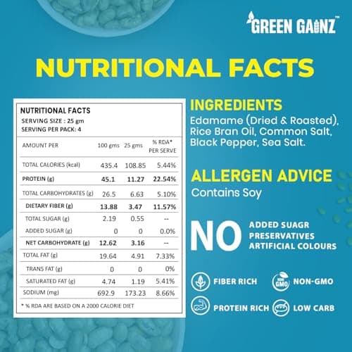 Green Gainz Roasted Edamame Salt n Pepper Flavour 100gm | Healthy Namkeen Snacks | Vegan | High Protein Snack | Weight Loss Friendly | No Palm Oil | Roasted, Not Fried — image 2