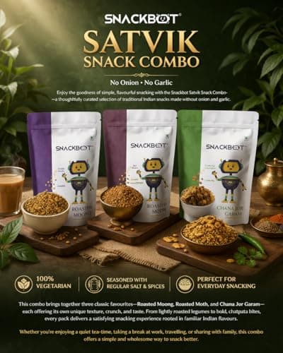 Snackbot Satvik Snack Combo – No Onion No Garlic Healthy Snacks | Roasted Moong, Roasted Moth & Chana Jor Garam | 100% Vegetarian Indian Snack Pack — image 2