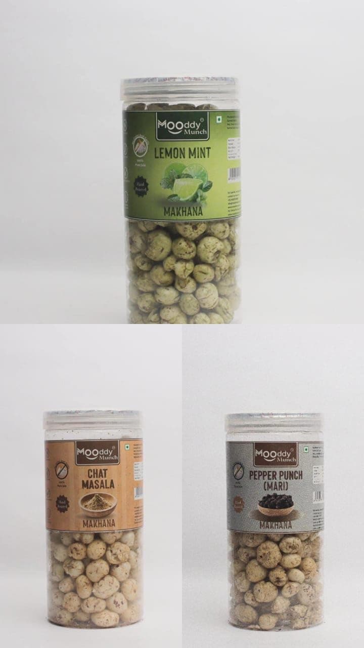 MOODDY MUNCH (Chaat Masala, Pepper Munch, Lemon Mint) Combo of Roasted Makhana Fox Nuts Lotus Seeds |Jain Flavour |Healthy Snacks |Gluten Free |0 Trans Fat |0 cholesterol | (Pack of 3, Total 210 gm)