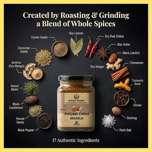 Indiana Organic Punjabi Chole Masala | Authentic North Indian Spice Blend | No Preservatives, No Additives, Gluten Free | Freshly Ground Whole Spices | Homemade Taste | 150g Glass Jar | No onion & garlic added — image 3