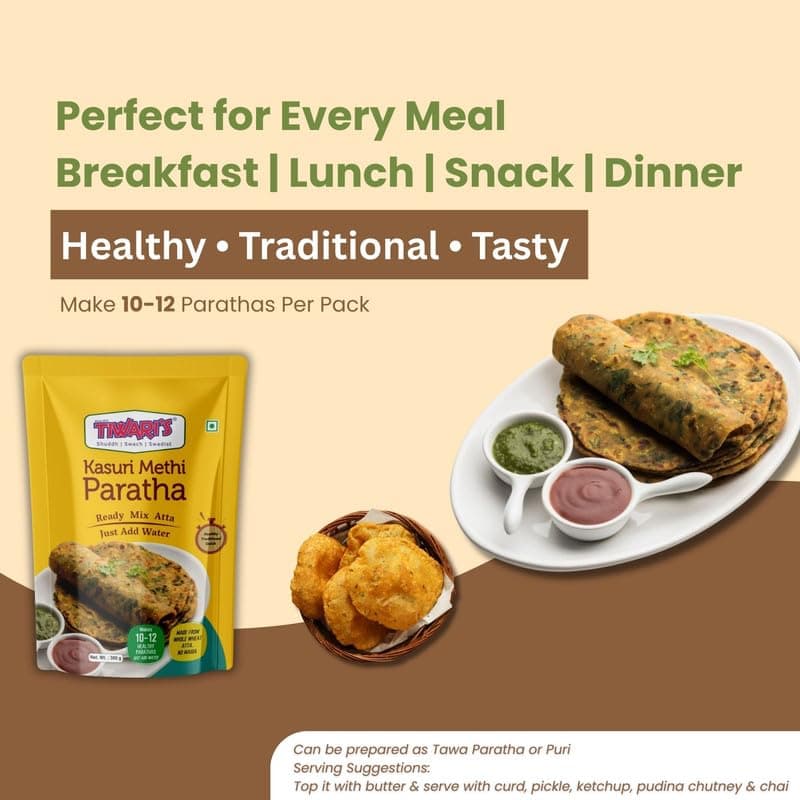 Tiwari’s Kasuri Methi Paratha/Poori Ready-To-Use Atta Mix | 100% Vegetarian Instant Healthy High Protein & Fiber Flatbread Mix With No Preservatives, No Onion & Garlic | 300gm, Pack of 2 — image 6
