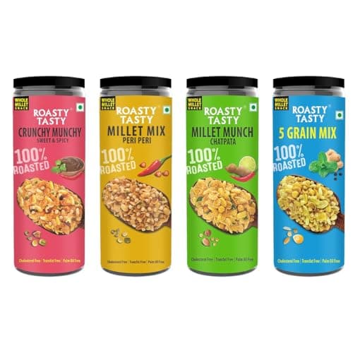 Roasty Tasty Millet Namkeen Combo | 100% Roasted, Non-Fried Munchies | 4 Flavours – Pudina, Peri Peri, Chatpata, Sweet & Spicy | 20% Millets | Healthy Snacks for Kids & Adults | Palm Oil-Free | 300g