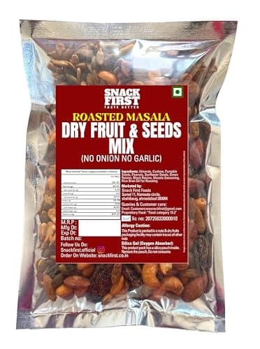 Snack First Roasted Masala Dry Fruit & Seeds Mix | No Onion No Garlic | No Palm Oil | 400G | masala dryfruit mixture | mixed dry Fruit & seeds | Almonds | Black Raisins | Cashewnuts | Pumpkin Seed | Sunflower Seed |Peanuts | Green Raisins | 7 In 1 Super Foods | Vitamin E | High protein | Healthy Snack, Gym Snack |