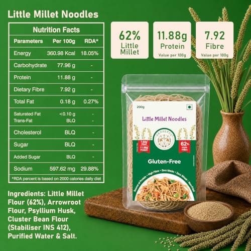 SENSEFUL Little Millet Noodles - Gluten-Free, 62% Little Millet - 200 gm | Zero Maida, Zero Wheat, Source of Protein, High Fibre, Fat-Free, Low Sugar & Non-Fried — image 3