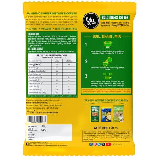 Yu 100% Whole Wheat Jalapeno Cheese Instant Noodles - Zero Preservatives Oil Maida & MSG - Atta Noodles in 6 Mins - Veg - 70g — image 3