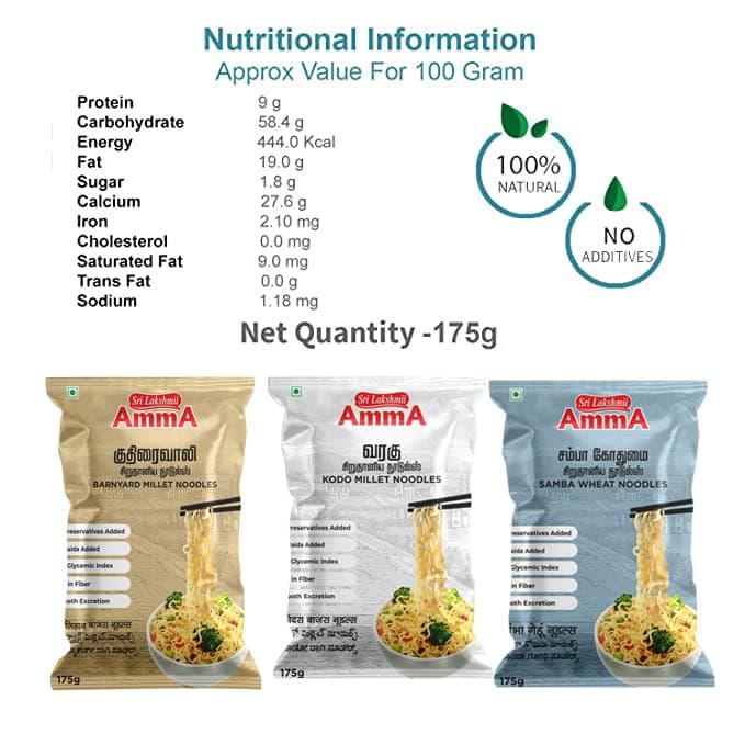 Sri Lakshmi Amma Millet Noodles | (Barnyard, Samba Wheat, Red Rice, Ragi, Proso) | (175 Grams) | Pack of V | Healthy Noodles — image 3
