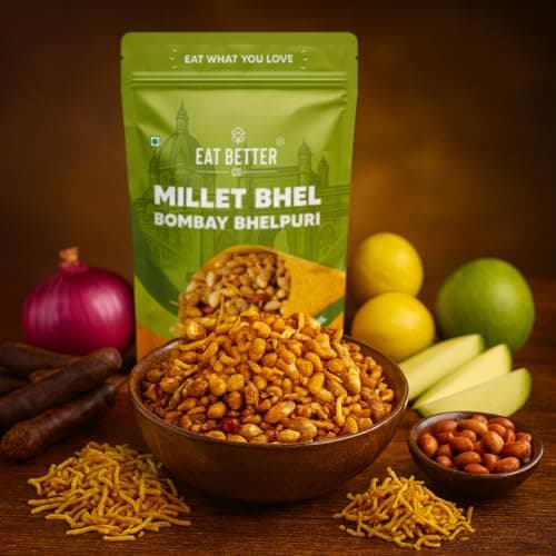 Eat Better Co Millet Bhel – Bombay Bhelpuri | Chatpata Crunchy Healthy Snacks | Roasted Not Fried | No Palm Oil, Zero Trans Fat | Healthy Millet Namkeen (135g)