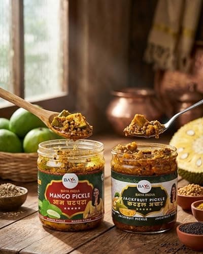 Baya India Mango & Jackfruit Pickle Combo | Homemade Aam aur Kathal ka Achar | Tangy & Flavorful Pickle | Made with Mustard Oil | No Added Preservatives | No Garlic No Onion | 350g each — image 2