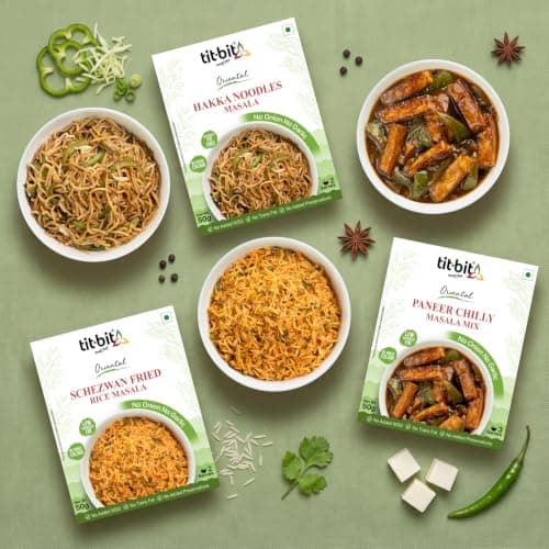 Tit-Bit Spicy Chinese Spices Combo - No Onion No Garlic - Schezwan Fried Masala, Hakka Noodles Masala & Paneer chilly Mix - Quick & Easy to Make - Pack of 6 - Each Flavour 2 Packs (300g)
