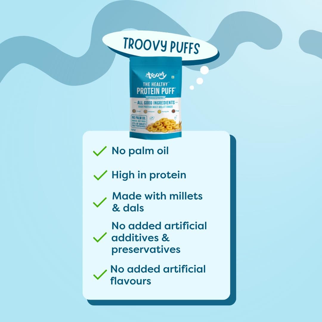 Troovy Healthy High Protein Puffs | Cheese & Herbs Flavoured | No Palm Oil, Cholesterol or Trans Fats | Made with Multiple Millets, Grains and Dal (80g (Pack of 3)) — image 5