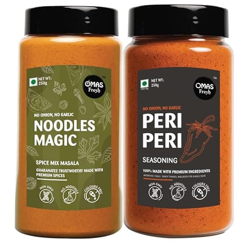 Omas Fresh No Onion No Garlic Noodles Magic Masala & Peri Peri Seasoning | 250g × 2 Combo Pack | Spicy & Flavorful Duo for Noodles, Pasta & Everyday Cooking