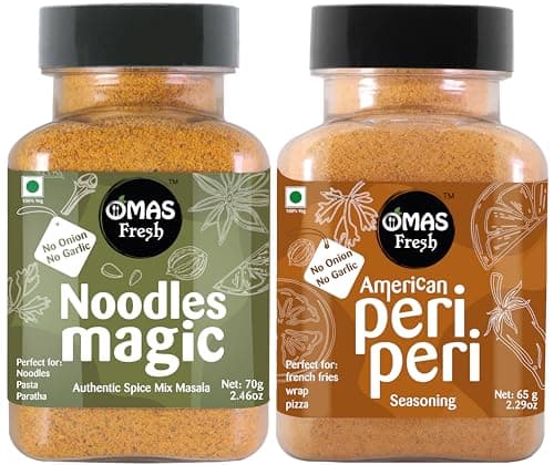 Omas Fresh No Onion No Garlic American Peri Peri 65g & Noodles Magic Masala 70g Sprinkled on Noodles, Salads, Soups, Sauces and Pasta | Jain Masala Combo