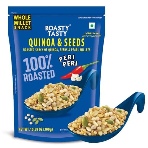 Roasty Tasty Quinoa & Seeds Peri Peri|Healthy Snacks|Roasted White Quinoa Puffs, Bajra & Seeds Mix|Rich In Protein For Adults & Kids|No Transfat|Diet Mixture|Peri Peri Masala|Roasted Namkeen|300G