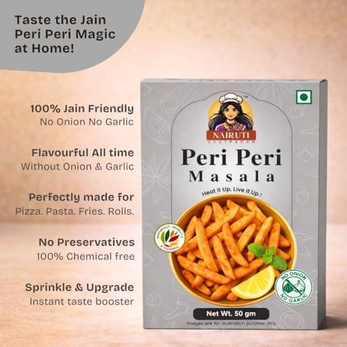 Nairuti Vyutpadan Jain Peri Peri Masala 50g | No Onion No Garlic | Jain-Friendly Satvik Spice Blend | Tangy & Spicy Seasoning for Snacks, Fries, Popcorn, Makhana & Chips | Pure & Natural — image 2