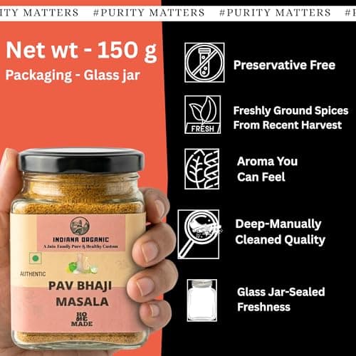 Indiana Organic Pav Bhaji Masala Powder | Authentic Aamchi Mumbai - 150 Gram | No onion & garlic | Freshly ground packed on order | Zero Added Colours, Fillers, Additives & Preservatives — image 4