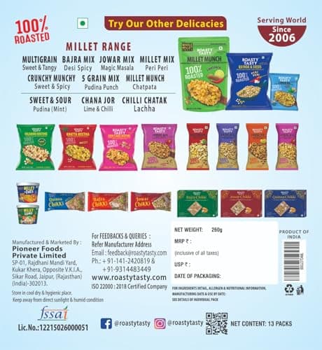 Roasty Tasty Assorted Healthy Snacks & Sweets Pack of 13 | Roasted Namkeen Snack & Millet Chikki Bar Mix | Sugar Free Chikki | Palm Oil Free Lite Namkeen | Diet Namkeen Combo for Adults | — image 3