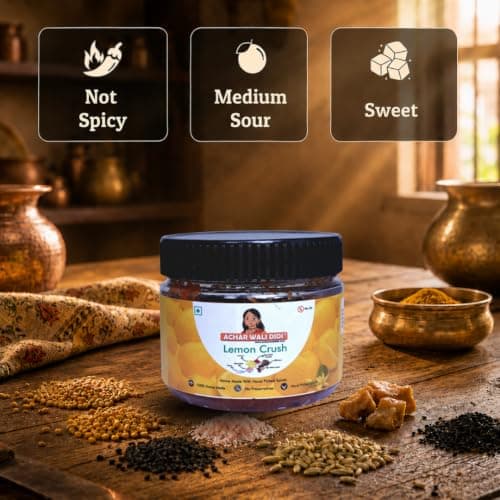 Achar Wali Didi Lemon Crush Pickle Khatta-Meetha in Fresh Homemade Oil-Free Nimbu ka Achar with No Onion or Garlic Traditional Lemon Chunda Style Sweet & Sour Pickle No Chemical Preservatives (300g) — image 4